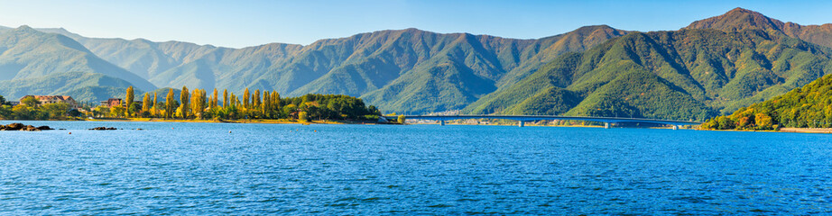 panorama image of Lake Kawaguchi and town viewed from Kawaguchiko Tenjoyama Park Mt. Kachi Kachi Ropeway, Kawaguchigo, Japan.