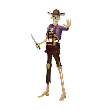 3D Skull Cowboy Cartoon Character holding a blade