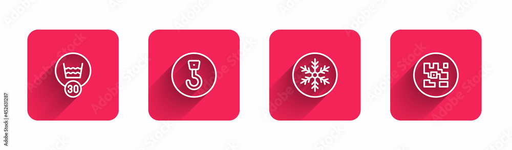 Poster set line temperature wash, industrial hook, snowflake and qr code with long shadow. red square butto