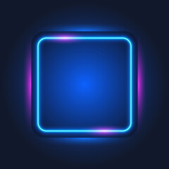 Blue neon background with square frame and pink lights, vector illustration.