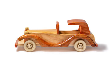 Wooden retro car on a white background