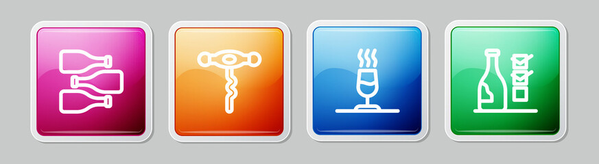 Set line Bottles of wine, Wine corkscrew, tasting, degustation and . Colorful square button. Vector