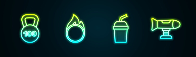 Set line Weight, Circus fire hoop, Paper glass with water and Swing plane. Glowing neon icon. Vector