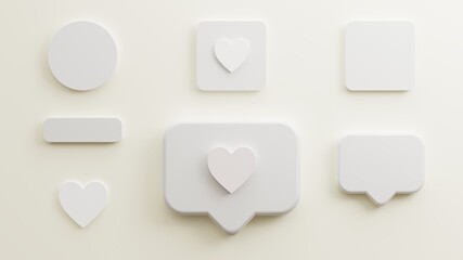 mockup white paper love, business cards or poster, button and circle design minimalist isolated on white background . 3d illustration rendering