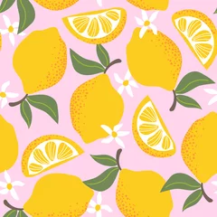 Tuinposter Tropische naadloze patroon met gele citroenen geïsoleerd op roze achtergrond. Ontwerp voor textiel, inpakpapier, behang. © Svetalik