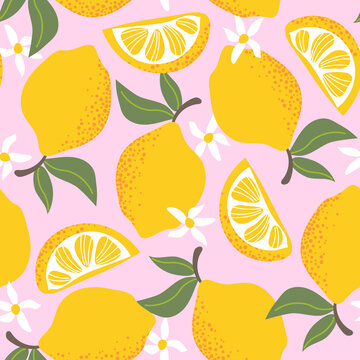 Tropical seamless pattern with yellow lemons isolated on pink background. Design for textile, wrapping paper, wallpaper.