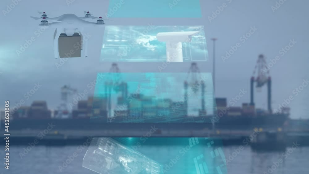 Aufkleber animation of data processing and digital drone over shipyard