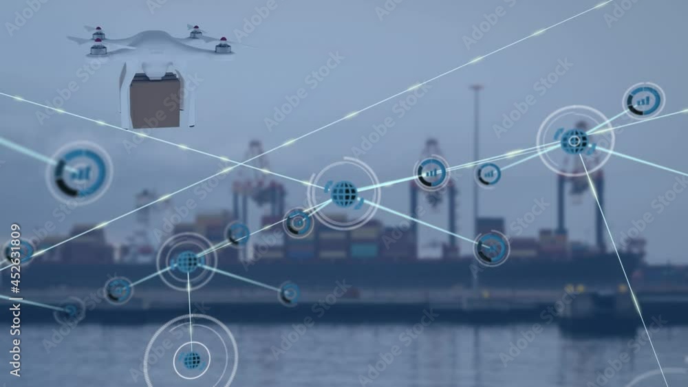 Poster animation of networks of connections and digital drone over shipyard