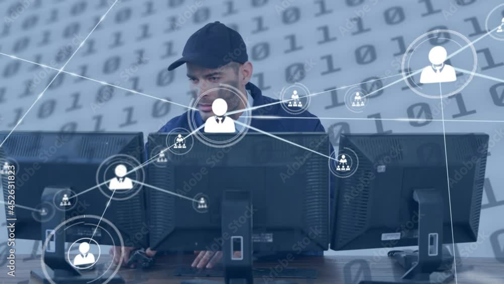Poster animation of networks of connections and data processing over man using computers