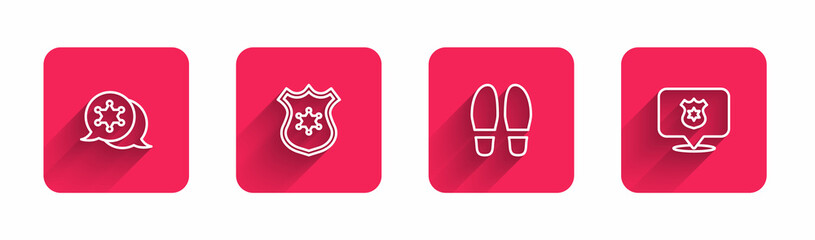 Set line Hexagram sheriff, Police badge, Footsteps and with long shadow. Red square button. Vector