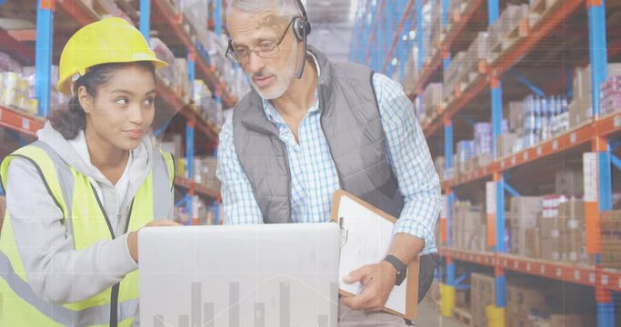 Animation of data processing over people working in warehouse