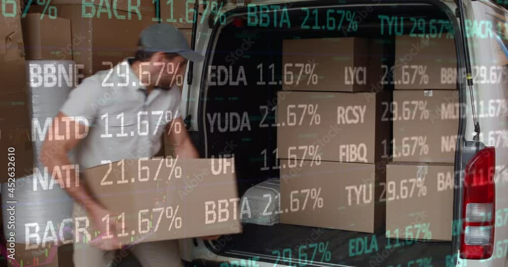 Poster animation of data processing over man packing boxes into car