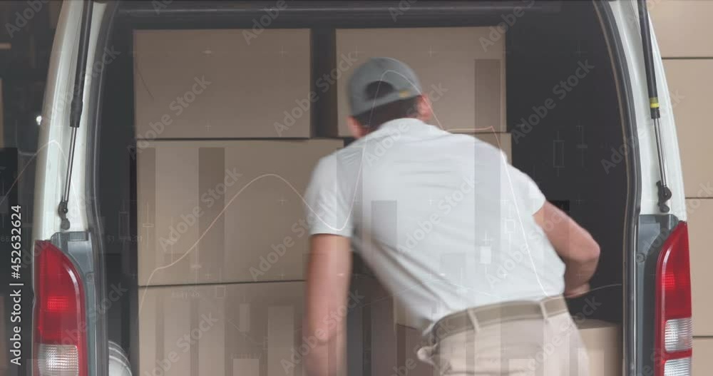 Poster animation of data processing over man packing boxes into car