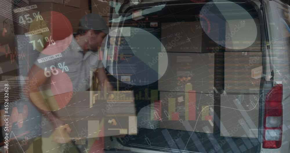 Poster animation of data processing over man packing boxes into car