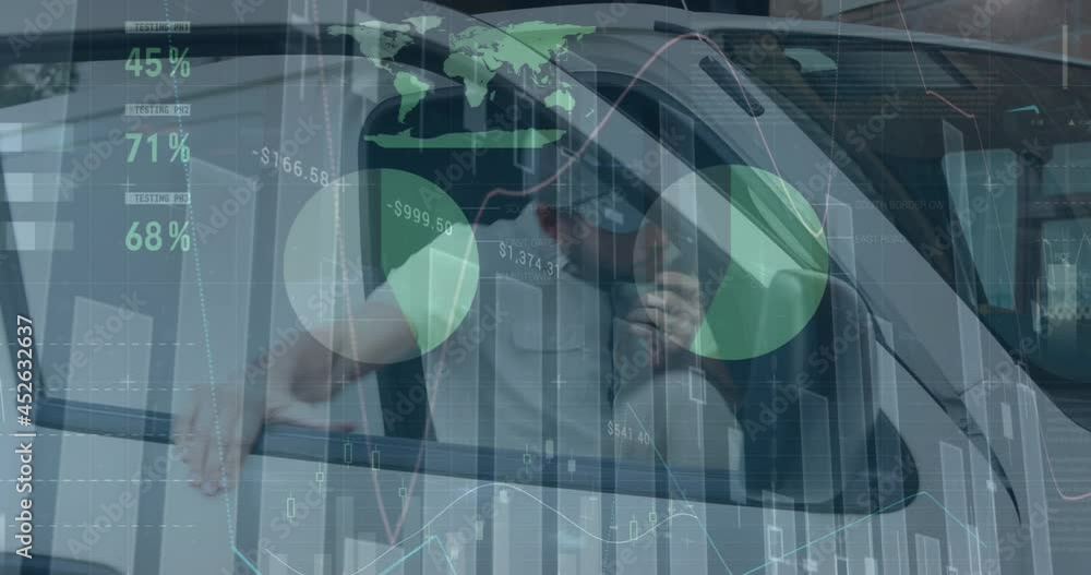 Poster animation of data processing over man getting out of car