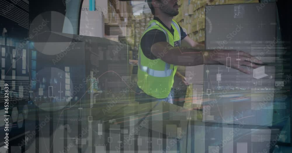 Poster animation of data processing over man packing boxes into car