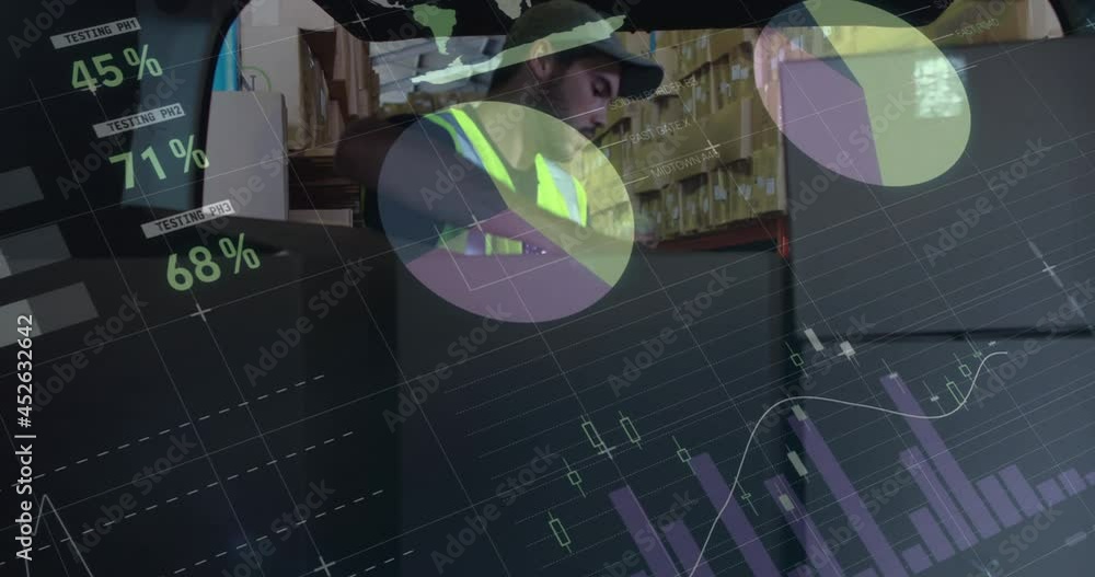 Poster animation of data processing over man packing boxes into car