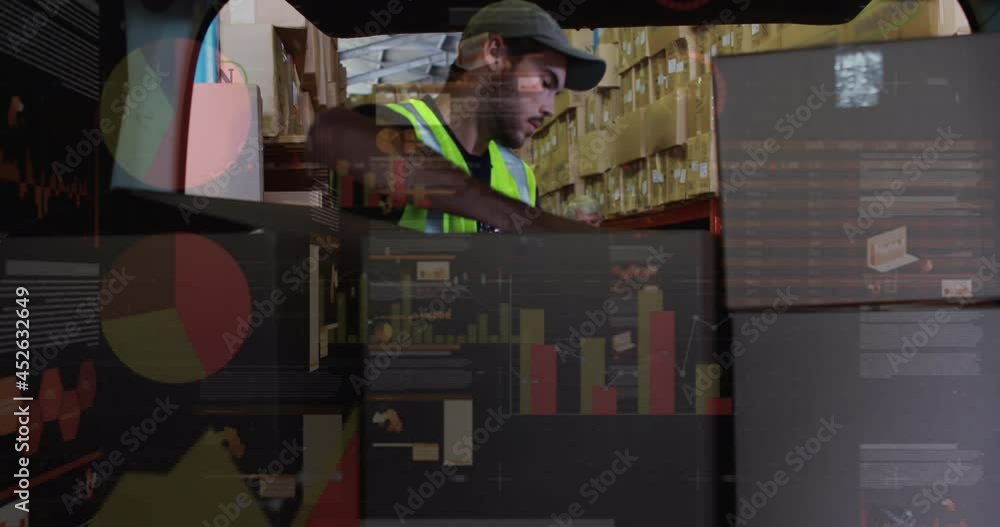 Poster animation of data processing over man packing boxes into car
