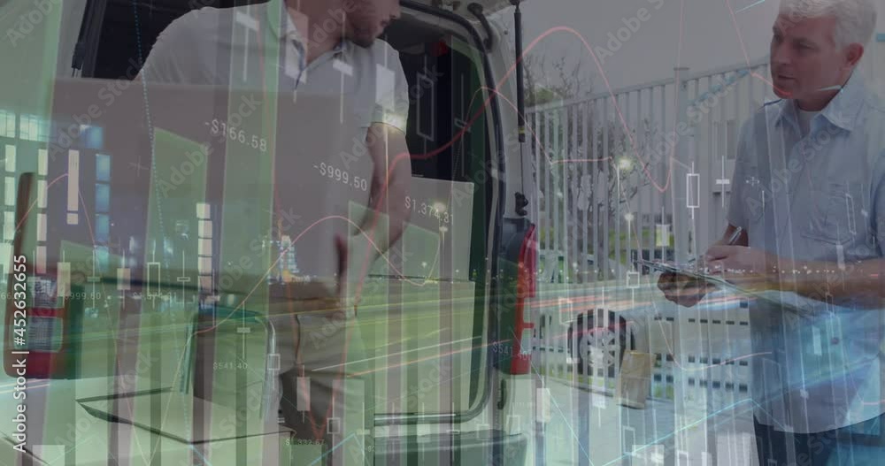 Poster animation of data processing over man packing boxes into car