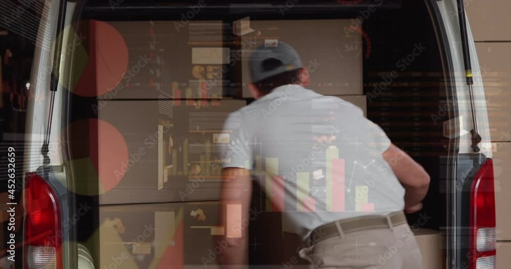 Poster animation of data processing over man packing boxes into car