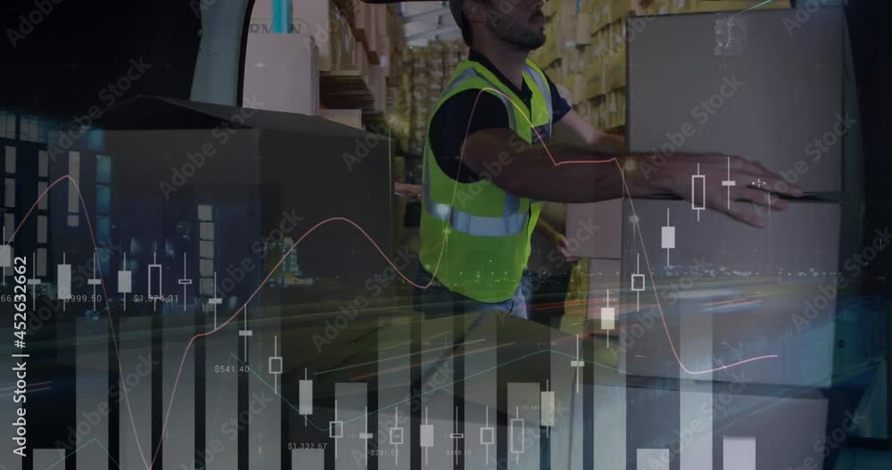Poster animation of data processing over man packing boxes into car