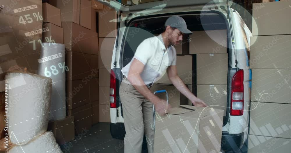 Poster animation of data processing over man packing boxes into car