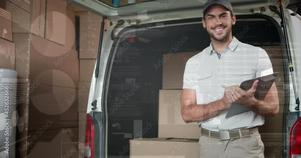 Poster animation of data processing over man packing boxes into car