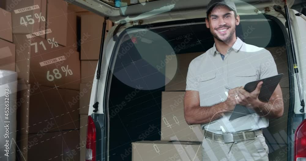 Poster animation of data processing over man packing boxes into car
