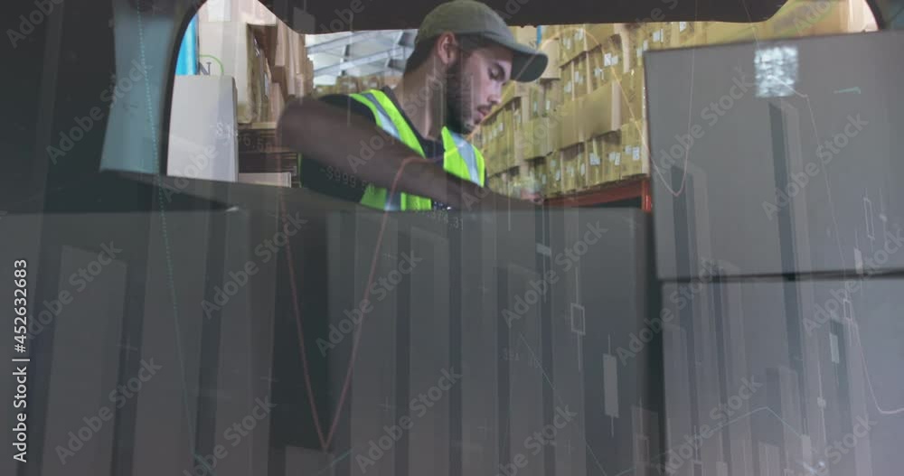 Aufkleber animation of data processing over man packing boxes into car