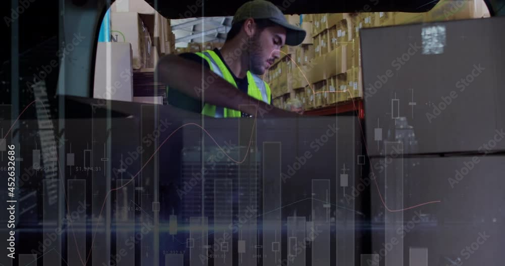 Poster animation of data processing over man packing boxes into car