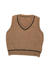 Brown knitted vest insulated on a white background. Flat lay.