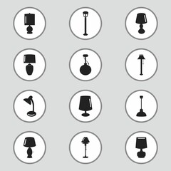 Variety of lamps, bulb and light items isolated flat vector icon set black and white GREY