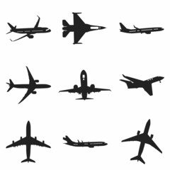 Airplane icon SET vector illustration isolated sign symbol - black and white style in transparent background.