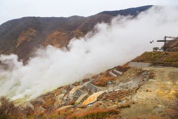 smokey active sulphur vent at Owakudani valley in Fuji volcanic zone Hakone, Japan