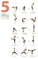 5 Yoga poses or asana posture for workout in morning flow concept. Women exercising for body stretching. Fitness infographic. Flat cartoon vector