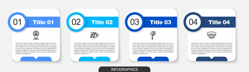 Set line Location with fire flame, Fire exit, Firefighter axe and Smoke alarm system. Business infographic template. Vector