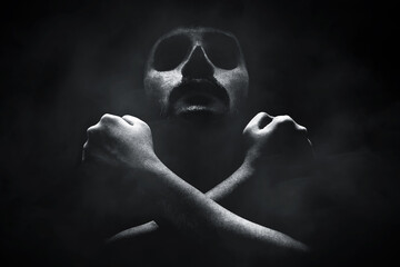 Man with hands crossed on dark background