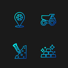 Set line Gold bars, Construction jackhammer, Gem stone and Mining dump truck. Gradient color icons. Vector