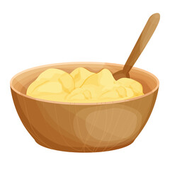 Ghee in wooden bowl with spoon asia traditional butter in cartoon style isolated on white background. Organic, vegetarian food, ingredient. 