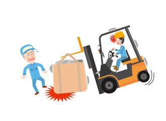 重量オーバーにより荷物落下させるフォークリフト