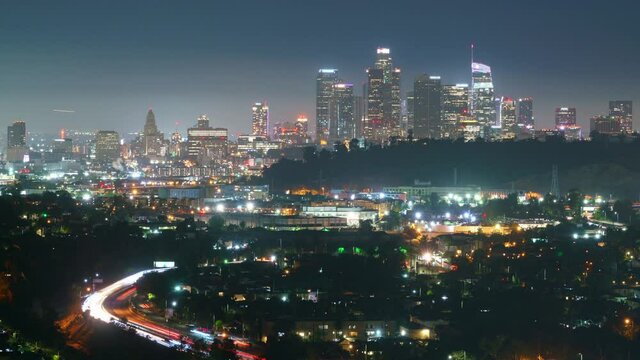 Time lapse of Los Angeles skyline at night