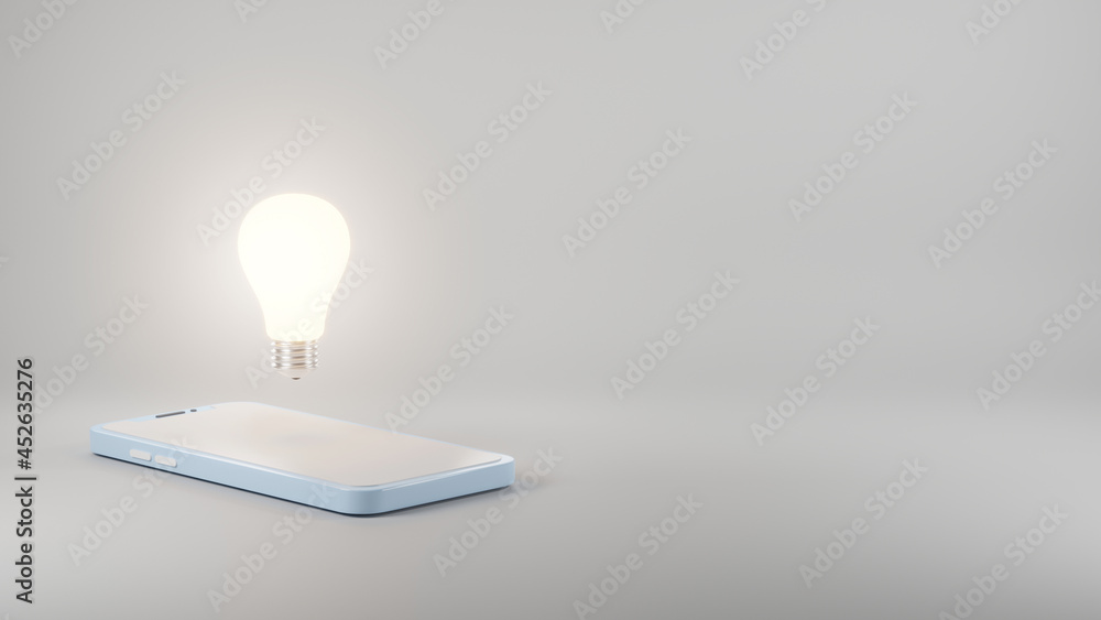 Poster smartphone golden model mock up blue color with light bulb conceptual design on screen isolated on g