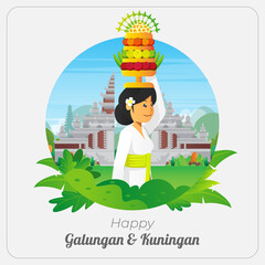 Happy Galungan greetings card with praying balinese woman