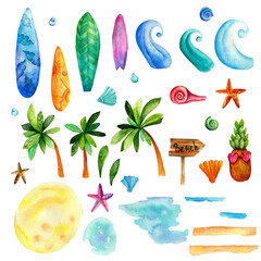 A set of hand-drawn watercolor elements. A bright Summer collection. Surfboards, seashells, waves, palm trees, starfish. Summer sports, beach activities