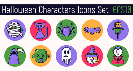Halloween characters icon set. Isolated color vector illustration. Linear flat style.