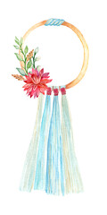 Hand-drawn watercolor dreamcatcher decorated with green herbs and dried flowers. Macrame, boho chic style