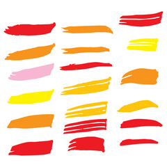 Yellow Watercolor Isolated. Red Brushstroke Handwritten. Brushes Abstract. Ink Graffiti. Paintbrush Abstract. Paint Handwritten. Grungy Freehand. Art Scratch. Set Splatter.