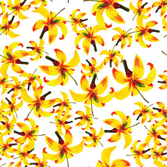 Yellow Seamless Design. Beige Pattern Leaves. Golden Tropical Design. White Flower Leaf. Floral Painting. Wallpaper Botanical. Flora Texture. Spring Leaves.