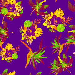 Violet Pattern Art. Lavender Seamless Background. Yellow Tropical Plant. Purple Flower Leaf. Plum Decoration Hibiscus. Spring Leaf. Garden Leaves.