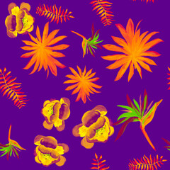 Fototapeta premium Gray Tropical Art. Pink Seamless Textile. Coral Pattern Background. Garden Nature. Wallpaper Plant. Drawing Painting. Floral Plant. Watercolor Vintage.